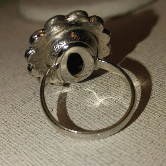 Whiting Davis Vintage Signed Silvertone Ring Size 8 Hematite Stone Oval Design - Picture 4 of 10
